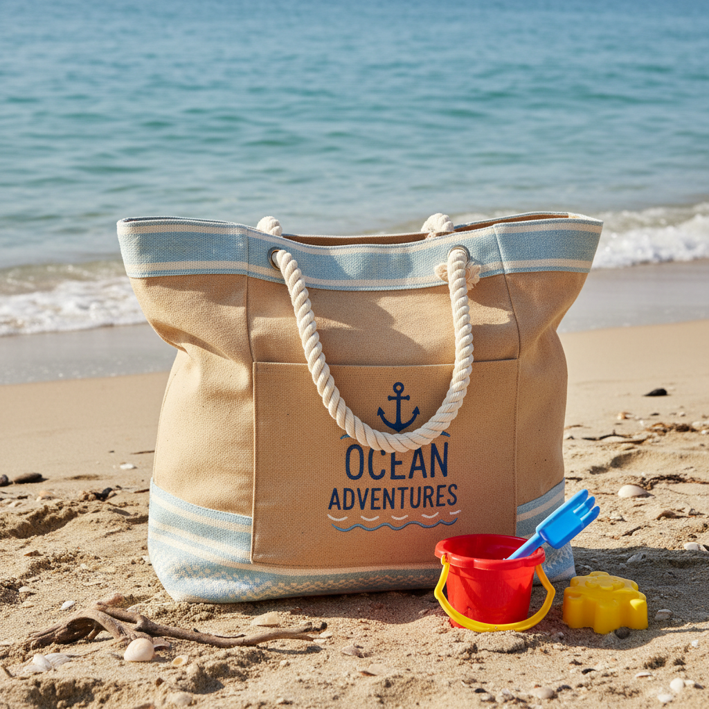 Canvas beach tote bag on sandy beach with ocean waves