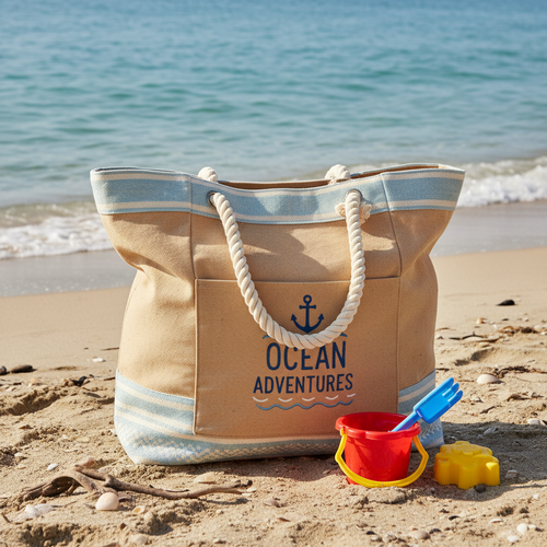 Canvas beach tote bag on sandy beach with ocean waves