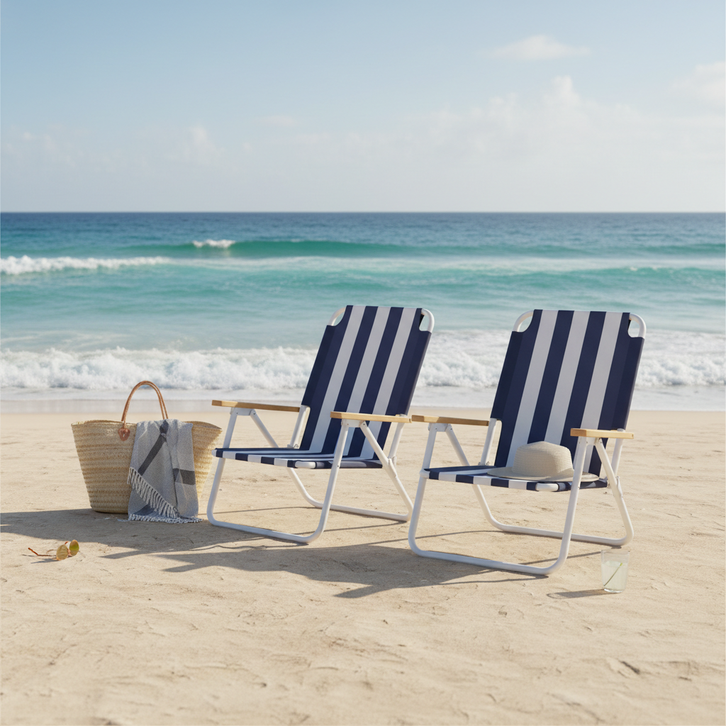 Navy and white striped folding beach chairs on sandy beach with ocean waves