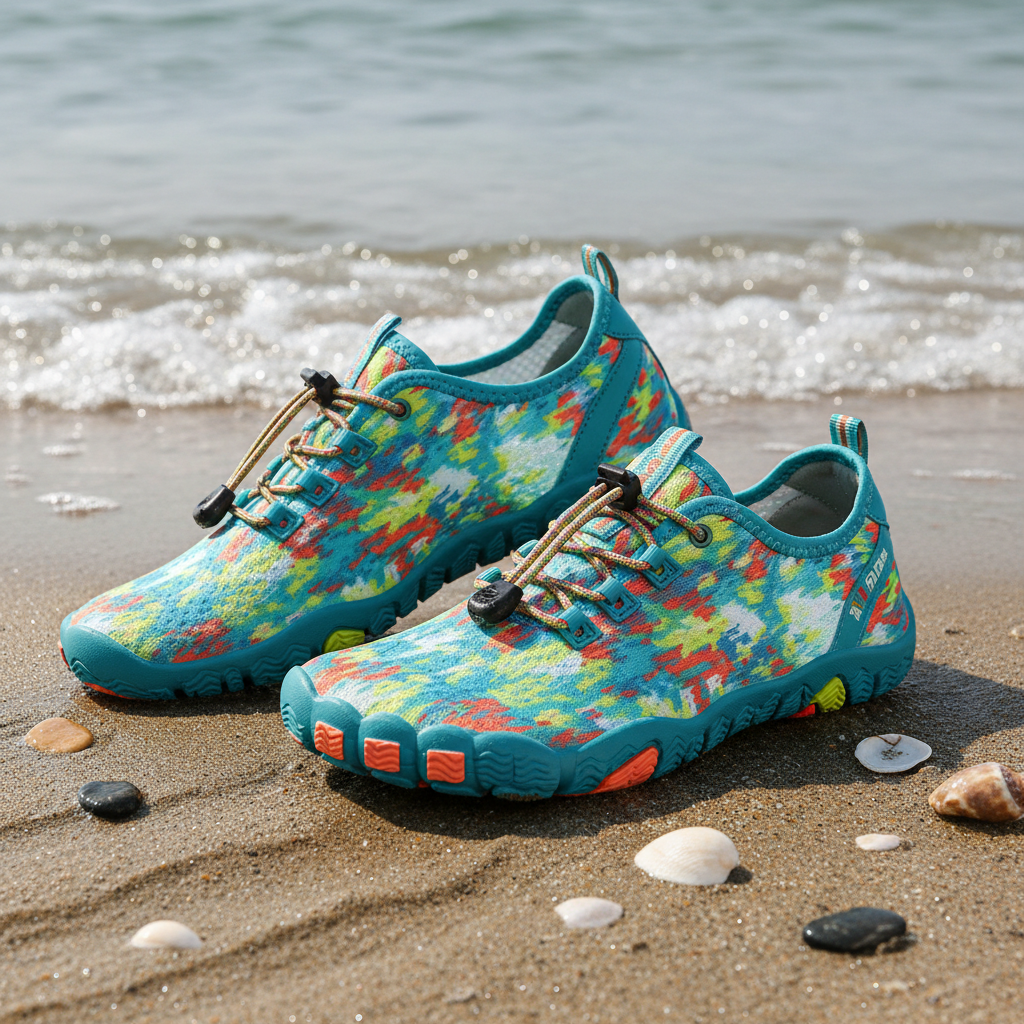 Colorful water shoes on wet sand at the beach shoreline