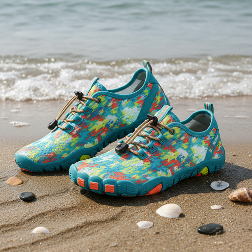 Colorful water shoes on wet sand at the beach shoreline