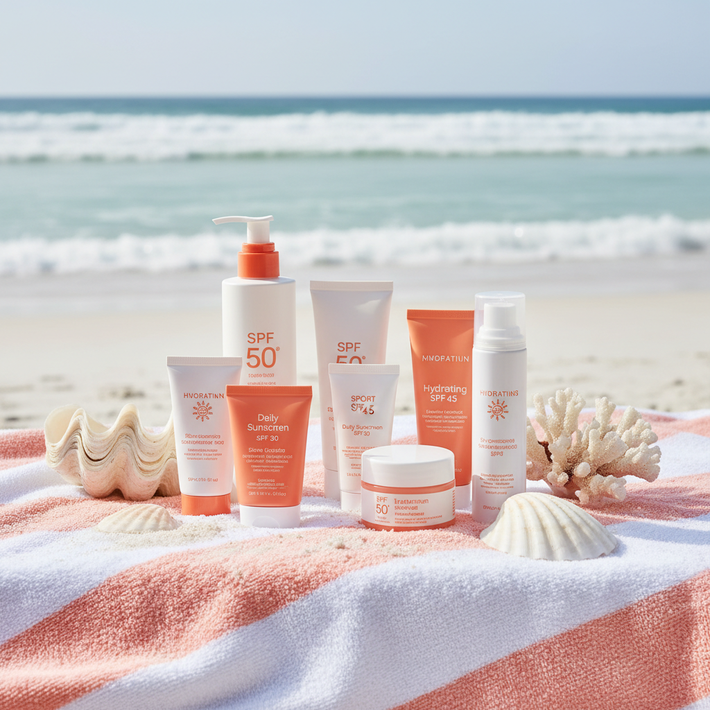 Three sunscreen bottles arranged on sandy beach towel with coastal summer styling