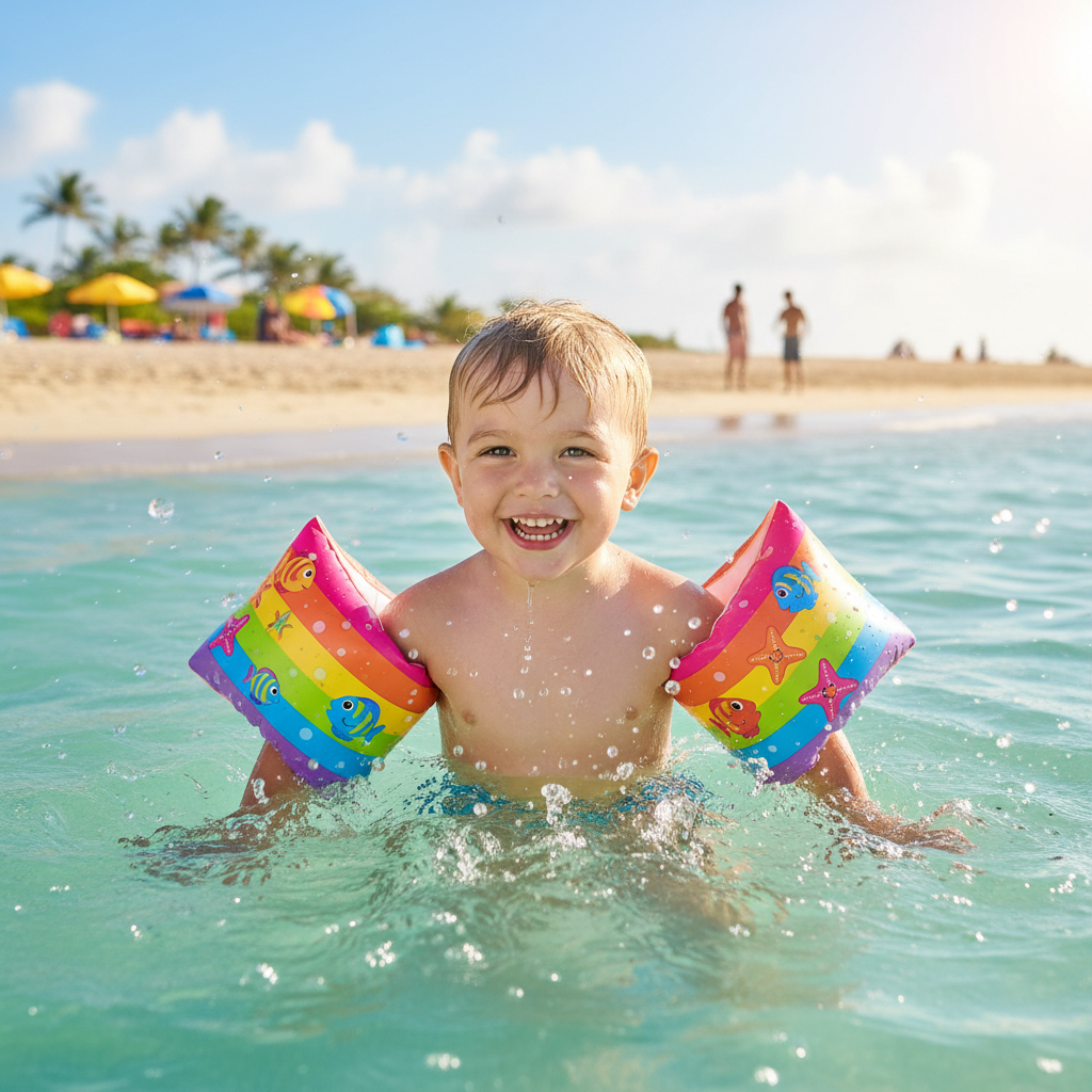 Colorful kids swim floatie arm bands on child playing in shallow ocean water