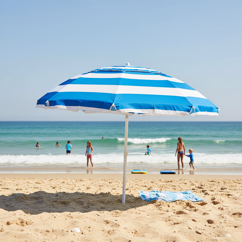 Blue and white striped beach umbrella planted in sand with ocean waves in background