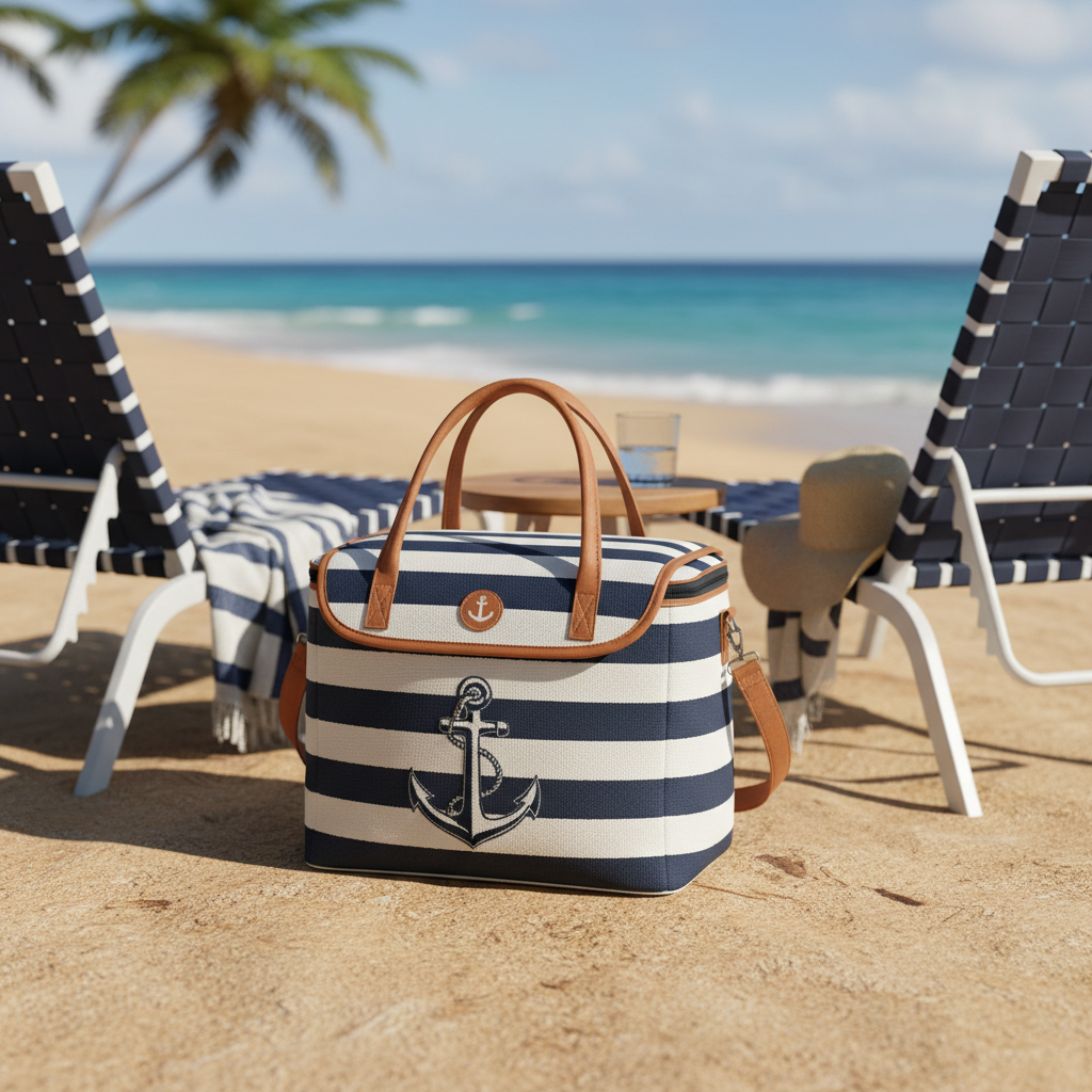 Navy and white insulated beach cooler bag sitting on sand near beach chairs
